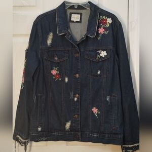 Wax Jean Dark Blue Floral Embroidered Distressed Denim Jacket